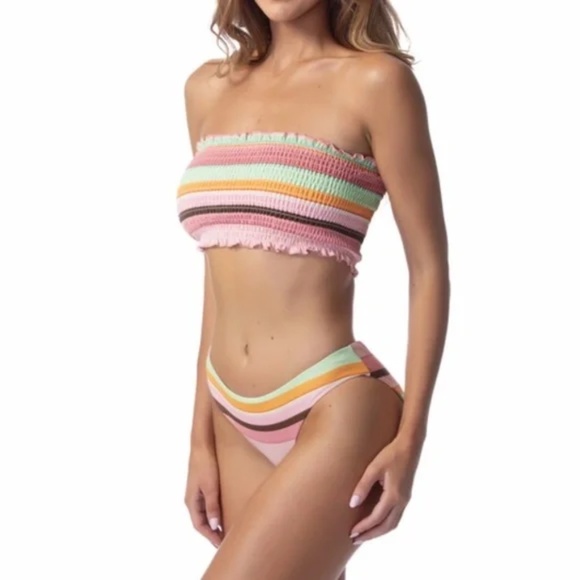 Phax Striped Smocked Strapless Bikini Swimsuit 2Pc Two Piece Set - Picture 3 of 4